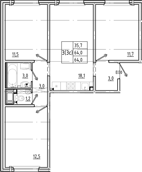 Планировка евро-4 (4Е) 64 м² в ЖК «Цветной город», корпус 18.1 Пейзажный квартал