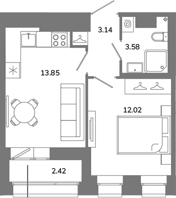 Планировка однокомнатная 33.8 м² в ЖК «Твой Космос», корпус 1