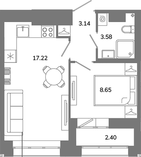 Планировка евродвушка (2Е) 33.79 м² в ЖК «Твой Космос», корпус 1