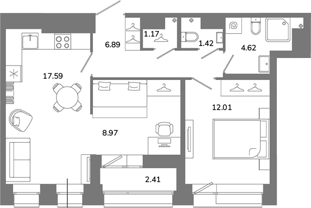Планировка евротрёшка (3Е) 53.88 м² в ЖК «Твой Космос», корпус 1