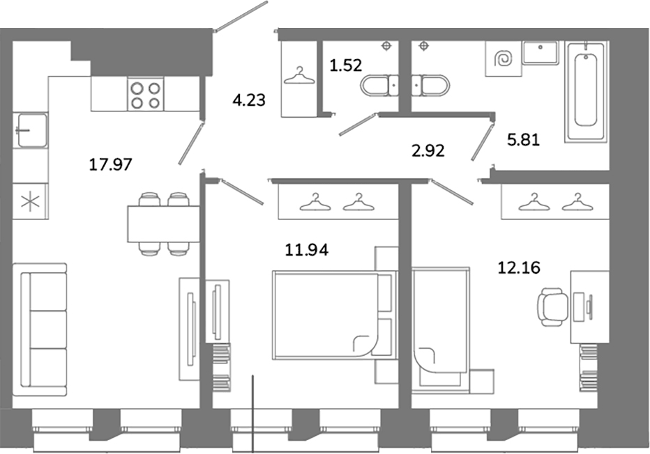 Планировка евротрёшка (3Е) 56.55 м² в ЖК «Твой Космос», корпус 1