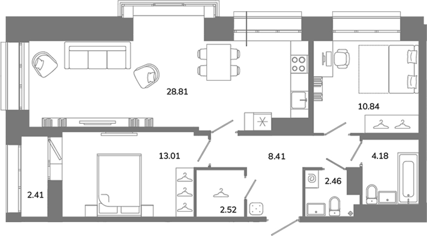 Планировка евротрёшка (3Е) 71.43 м² в ЖК «Твой Космос», корпус 1