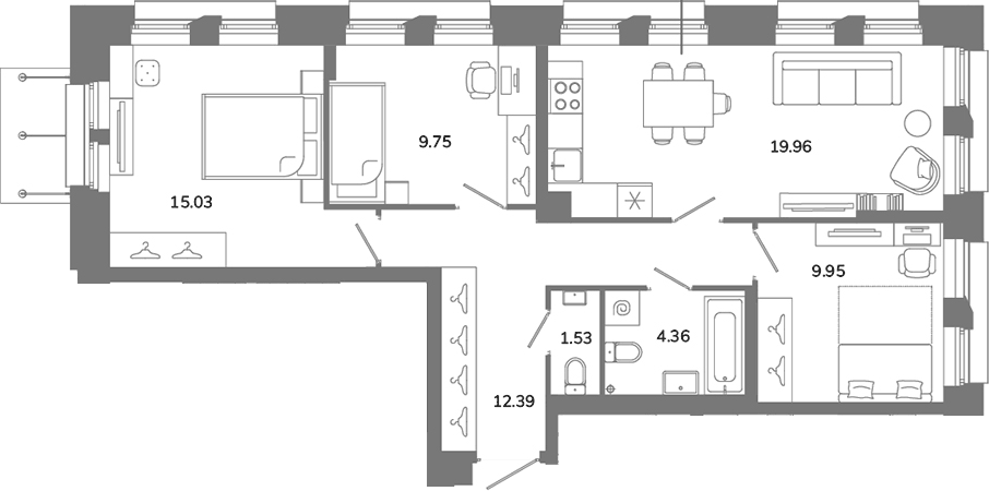 Планировка евро-4 (4Е) 72.97 м² в ЖК «Твой Космос», корпус 1