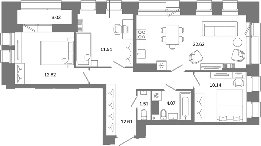 Планировка евро-4 (4Е) 76.8 м² в ЖК «Твой Космос», корпус 1
