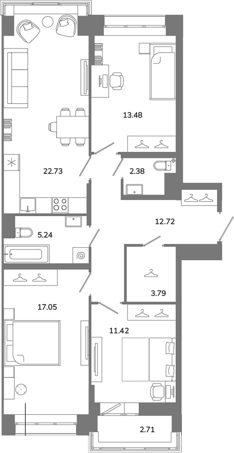 Планировка евро-4 (4Е) 90.17 м² в ЖК «Твой Космос», корпус 1