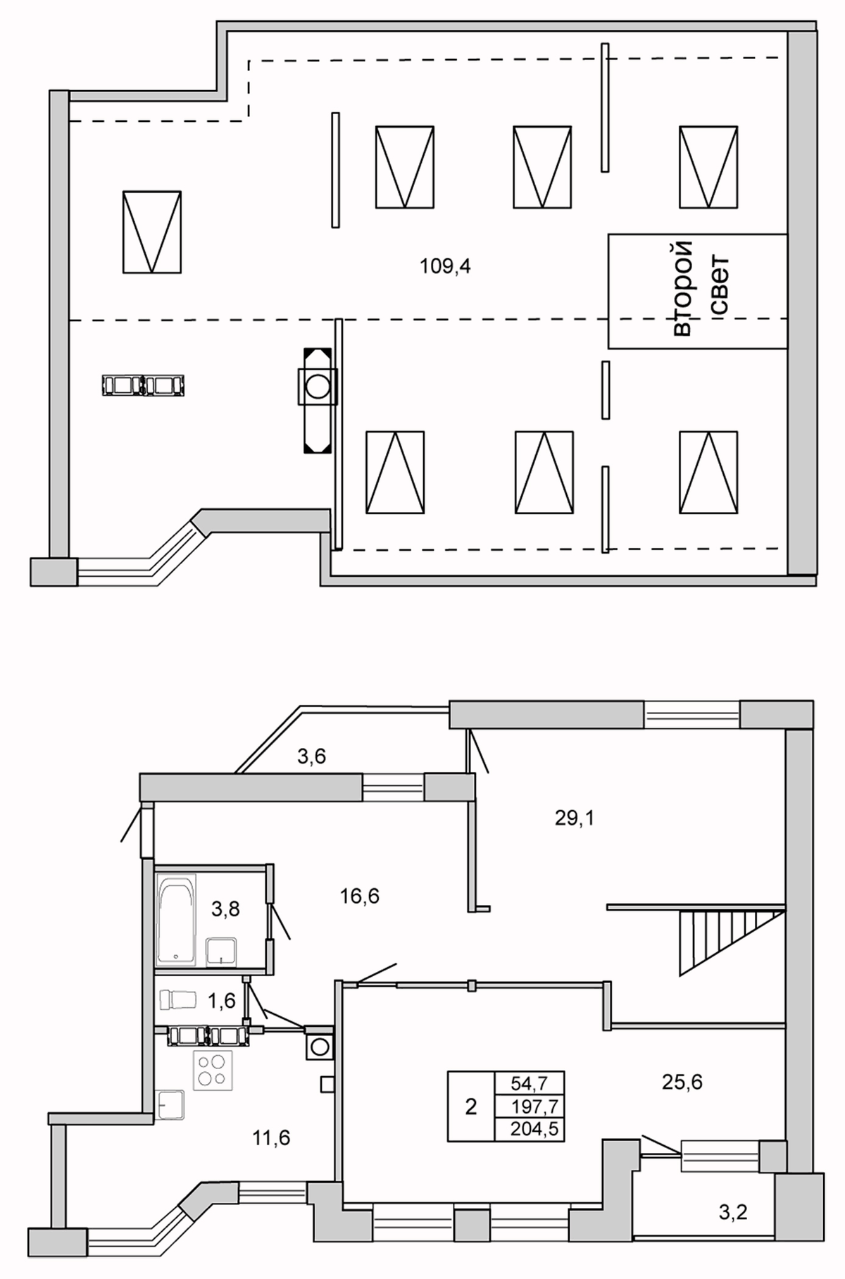 Планировка двухкомнатная 204.5 м² в ЖК «У ОЗЕРА», корпус 1