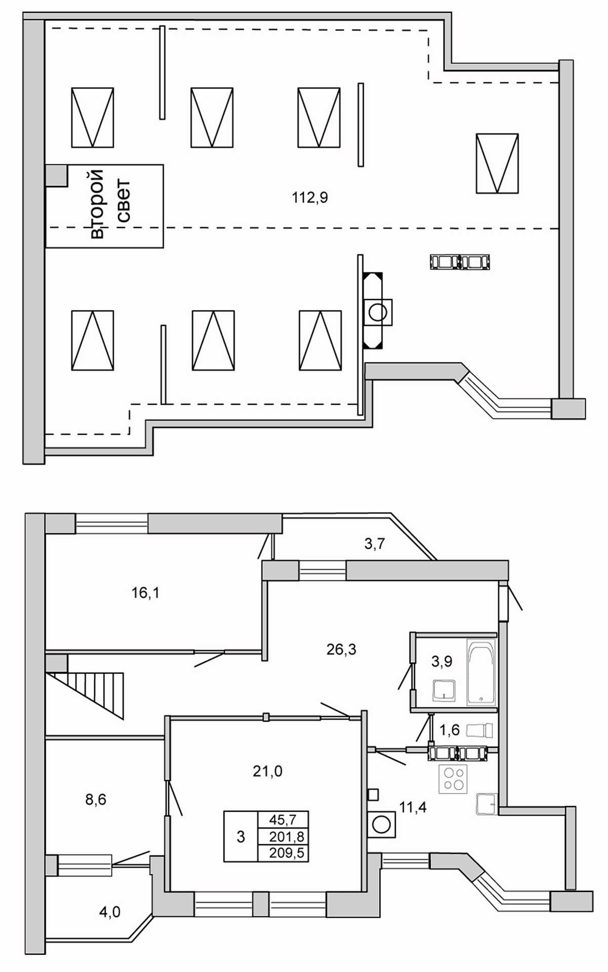Планировка трёхкомнатная 209.5 м² в ЖК «У ОЗЕРА», корпус 1