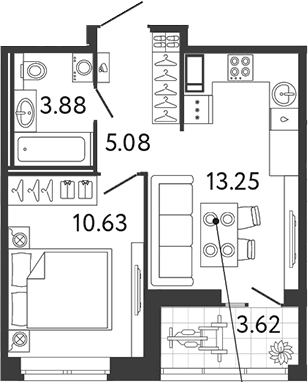 Планировка однокомнатная 34.65 м² в ЖК «Ultra City 3.0», корпус 1