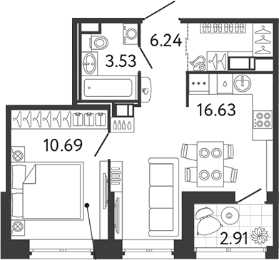 Планировка евродвушка (2Е) 38.55 м² в ЖК «Ultra City 3.0», корпус 2
