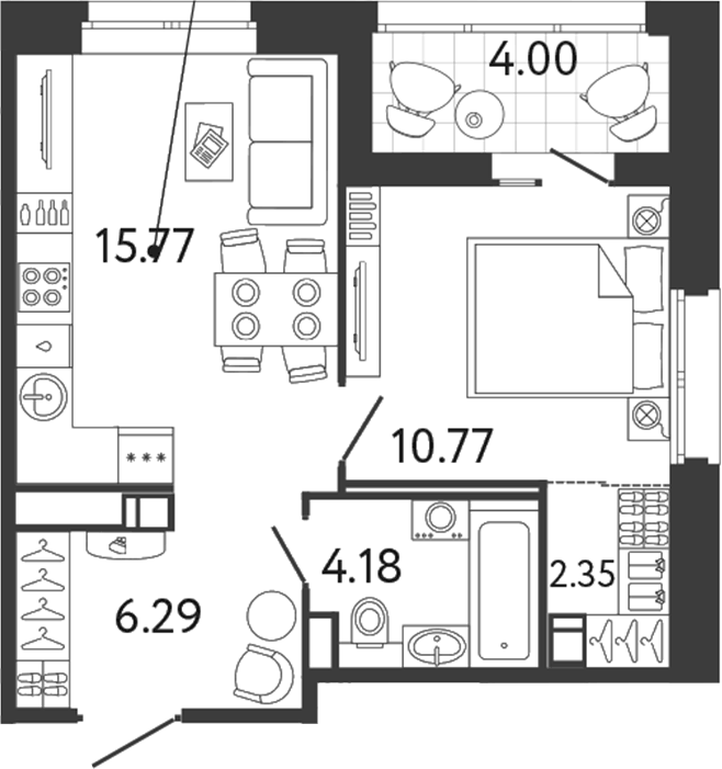 Планировка евродвушка (2Е) 41.36 м² в ЖК «Ultra City 3.0», корпус 2