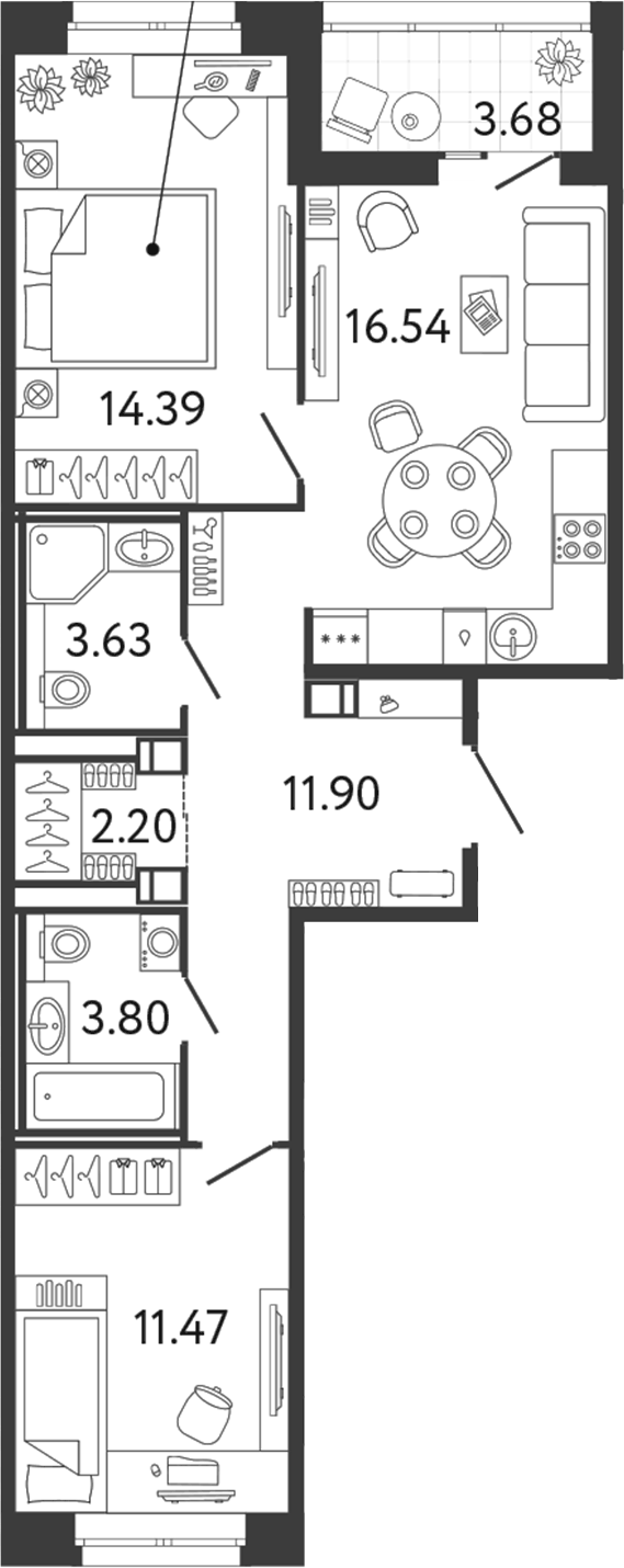 Планировка евротрёшка (3Е) 65.77 м² в ЖК «Ultra City 3.0», корпус 1