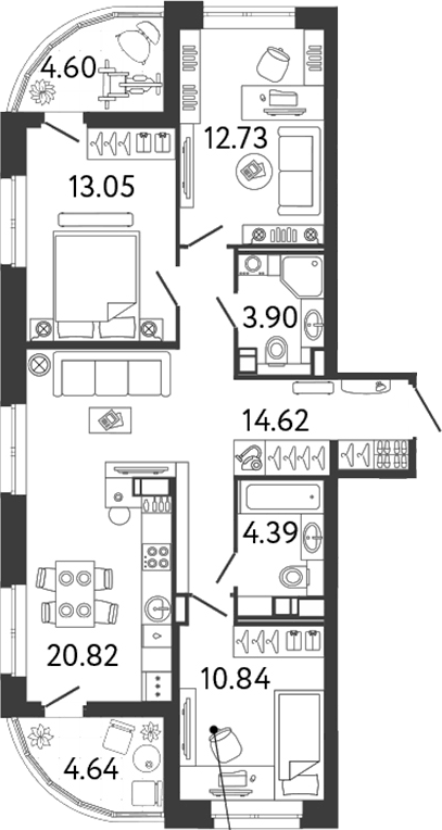 Планировка евро-4 (4Е) 84.97 м² в ЖК «Ultra City 3.0», корпус 4