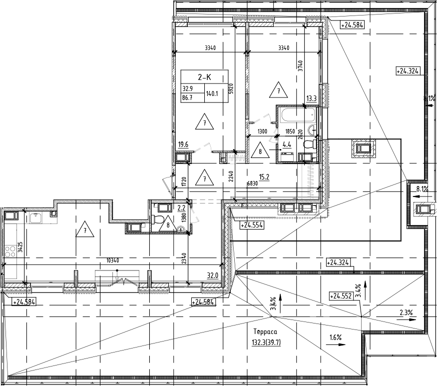 Планировка евротрёшка (3Е) 140.1 м² в ЖК «Upoint», корпус 1