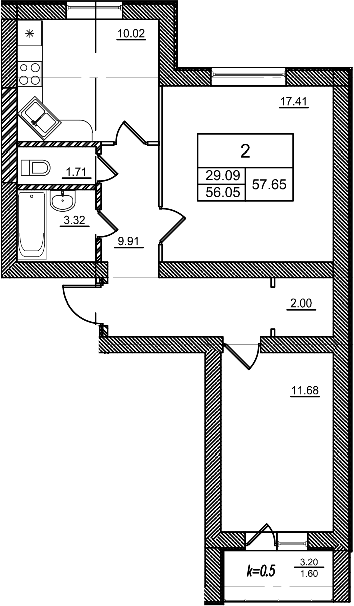 Планировка двухкомнатная 57.65 м² в ЖК «Уютный. Коммунар», корпус 1