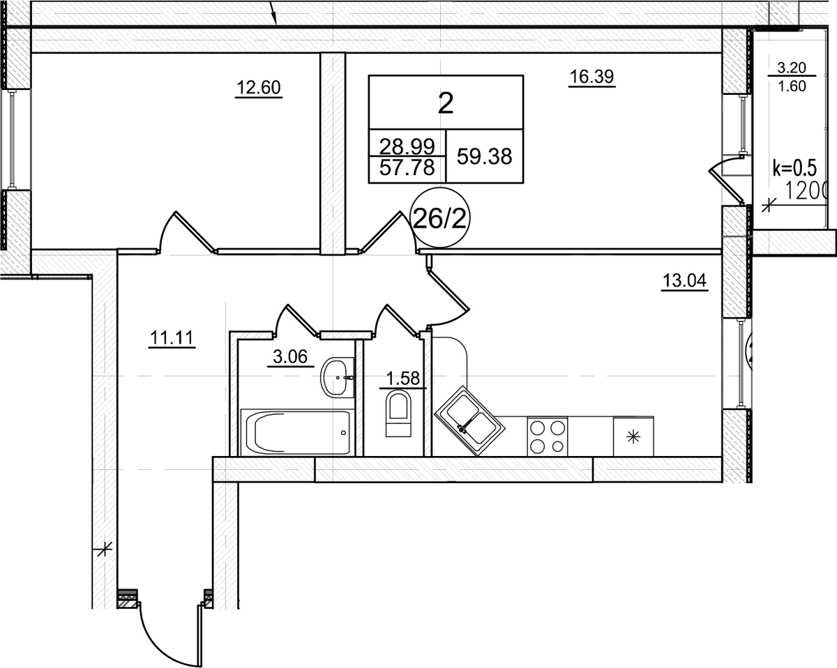 Планировка двухкомнатная 59.38 м² в ЖК «Уютный. Коммунар», корпус 2