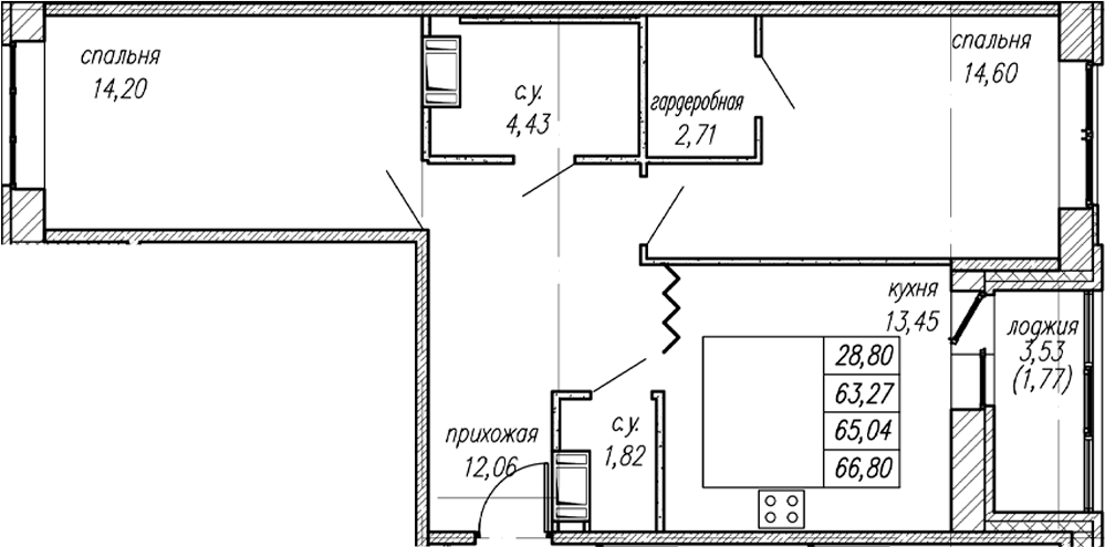 Планировка двухкомнатная 65.04 м² в ЖК «Уютный Новоселье», корпус (лот) 7