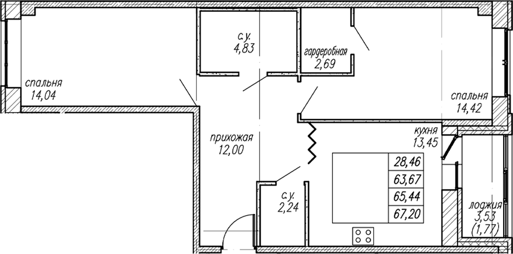 Планировка двухкомнатная 65.44 м² в ЖК «Уютный Новоселье», корпус (лот) 7