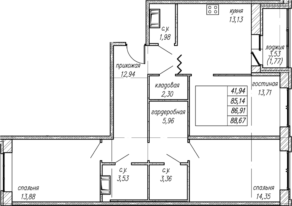Планировка трёхкомнатная 86.91 м² в ЖК «Уютный Новоселье», корпус (лот) 7