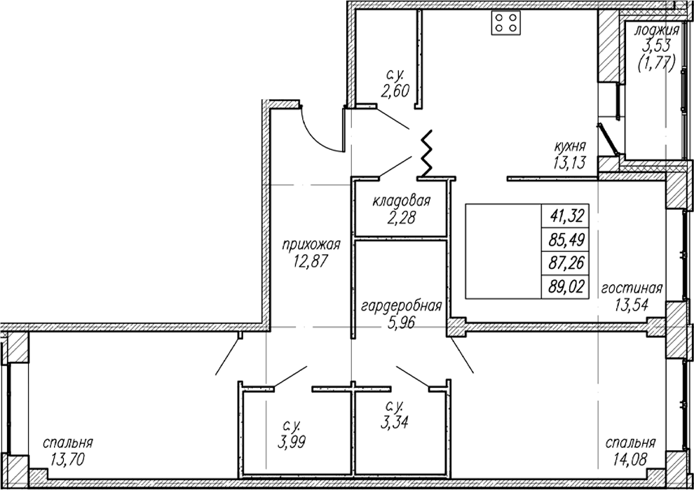 Планировка трёхкомнатная 87.26 м² в ЖК «Уютный Новоселье», корпус (лот) 7