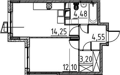 Планировка однокомнатная 38.58 м² в ЖК «ВЕРЕН НОРТ Cертолово», корпус 7