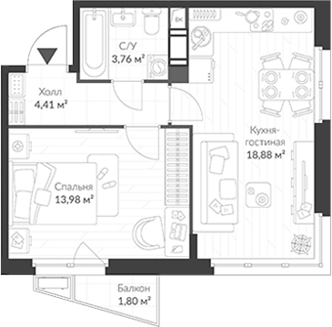 Планировка евродвушка (2Е) 41.57 м² в ЖК «ВЕРЕН НОРТ Cертолово», корпус 8