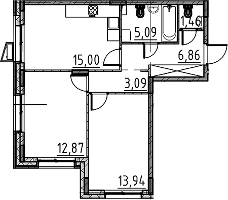 Планировка евротрёшка (3Е) 58.31 м² в ЖК «ВЕРЕН НОРТ Cертолово», корпус 7