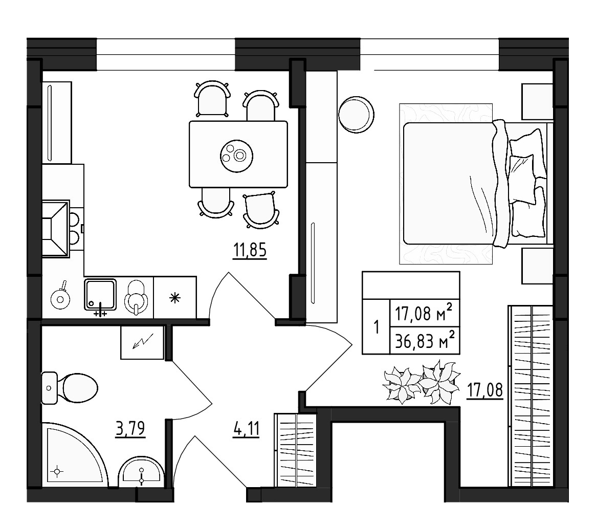Планировка однокомнатная 36.83 м² в ЖК «ВЕРЕВО-СИТИ», корпус 3