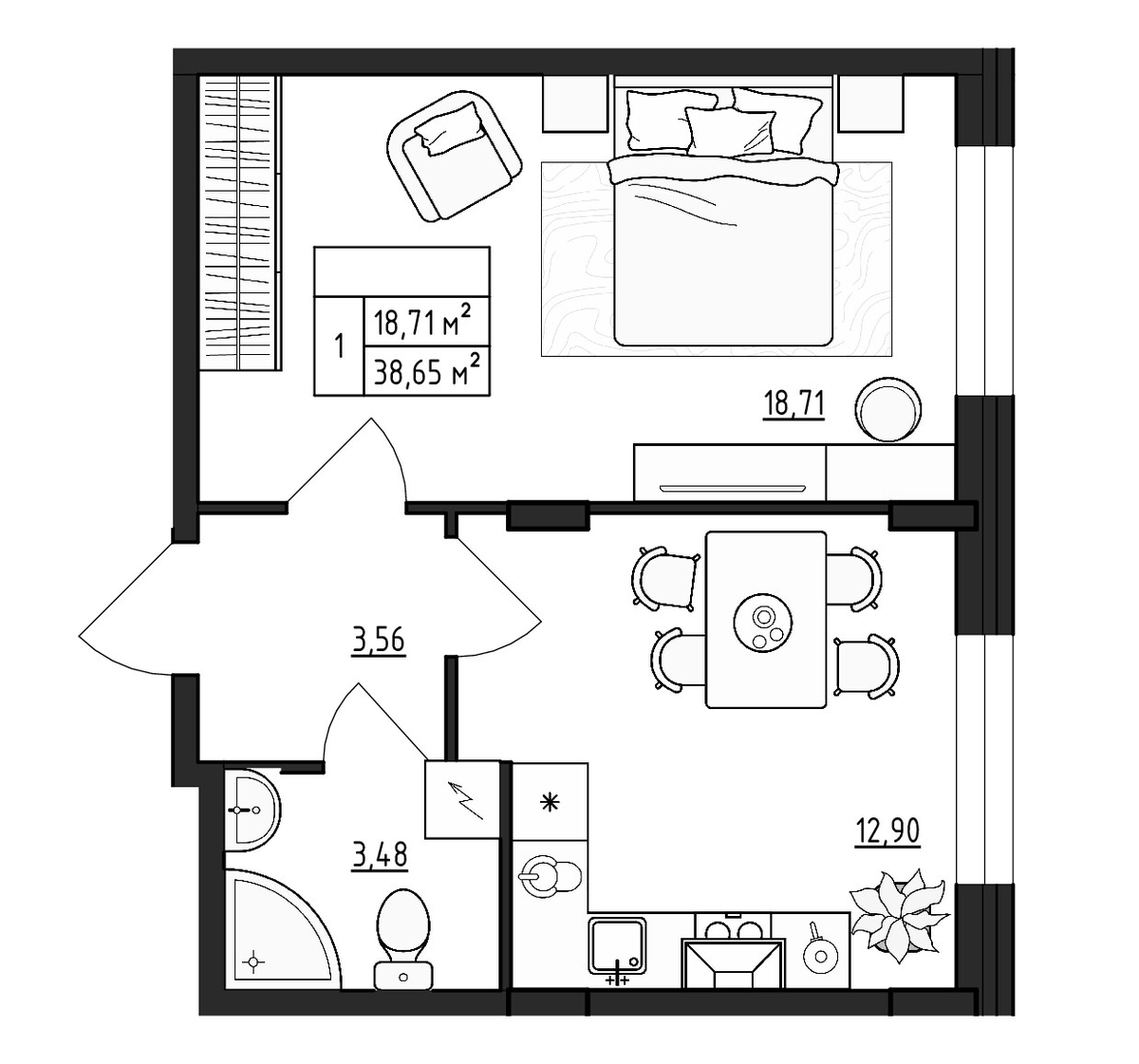 Планировка однокомнатная 38.65 м² в ЖК «ВЕРЕВО-СИТИ», корпус 3