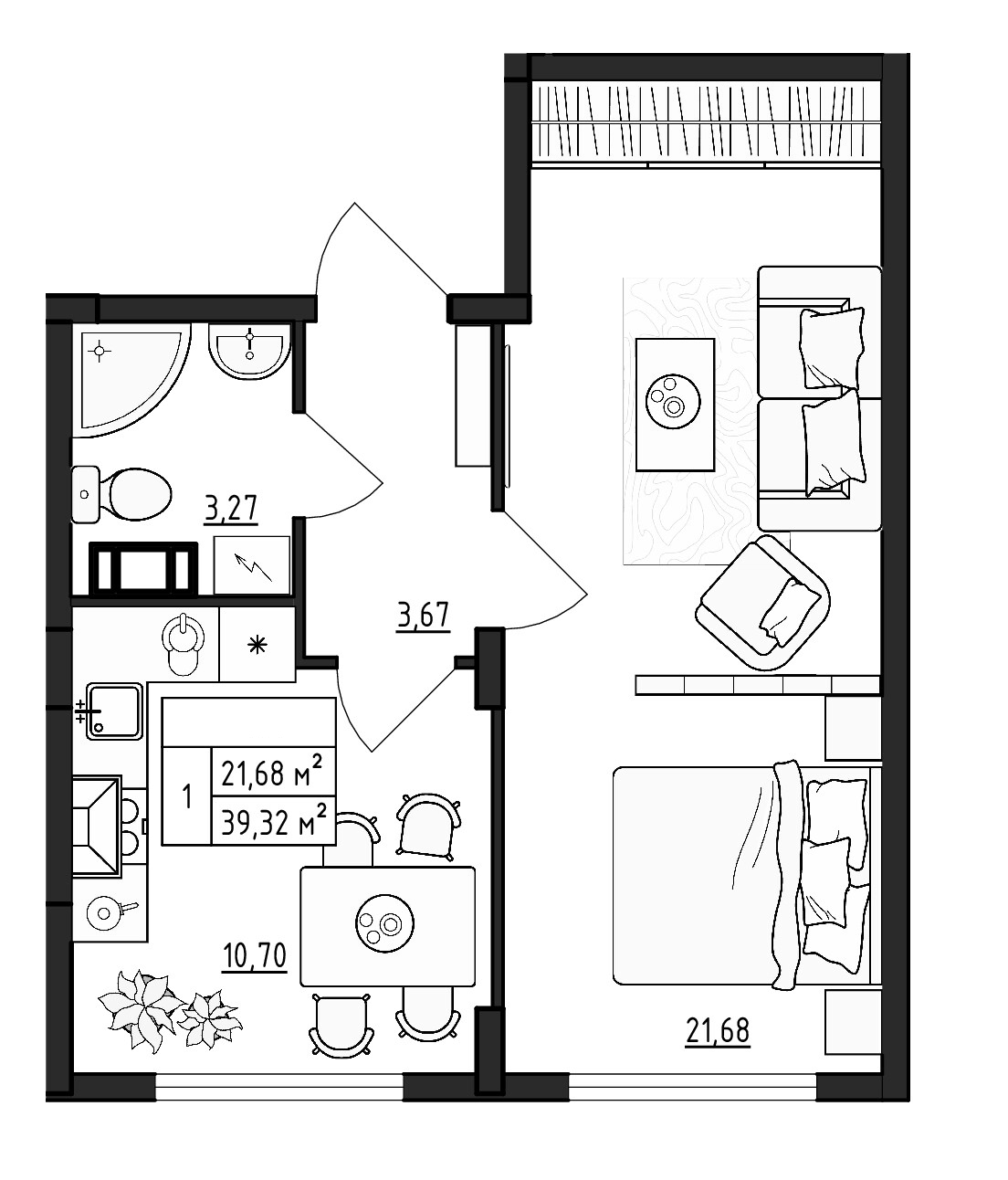 Планировка однокомнатная 39.32 м² в ЖК «ВЕРЕВО-СИТИ», корпус 3