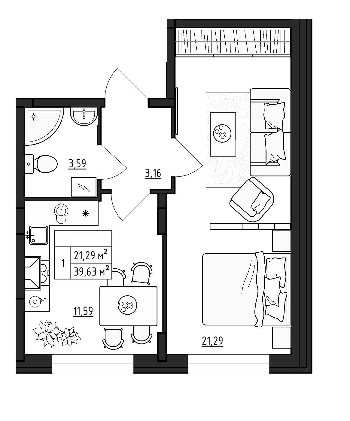 Планировка однокомнатная 39.63 м² в ЖК «ВЕРЕВО-СИТИ», корпус 3