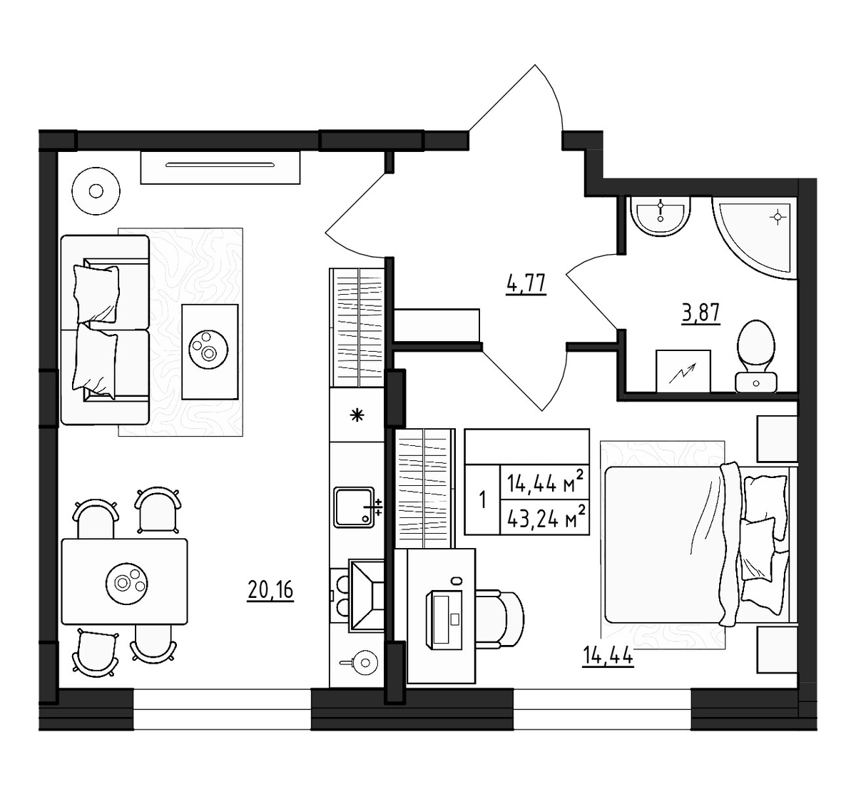 Планировка евродвушка (2Е) 43.24 м² в ЖК «ВЕРЕВО-СИТИ», корпус 3