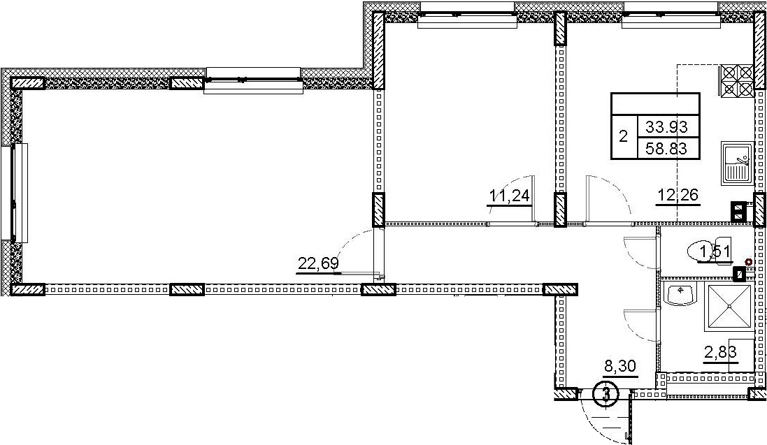 Планировка двухкомнатная 58.83 м² в ЖК «ВЕРЕВО-СИТИ», корпус 2