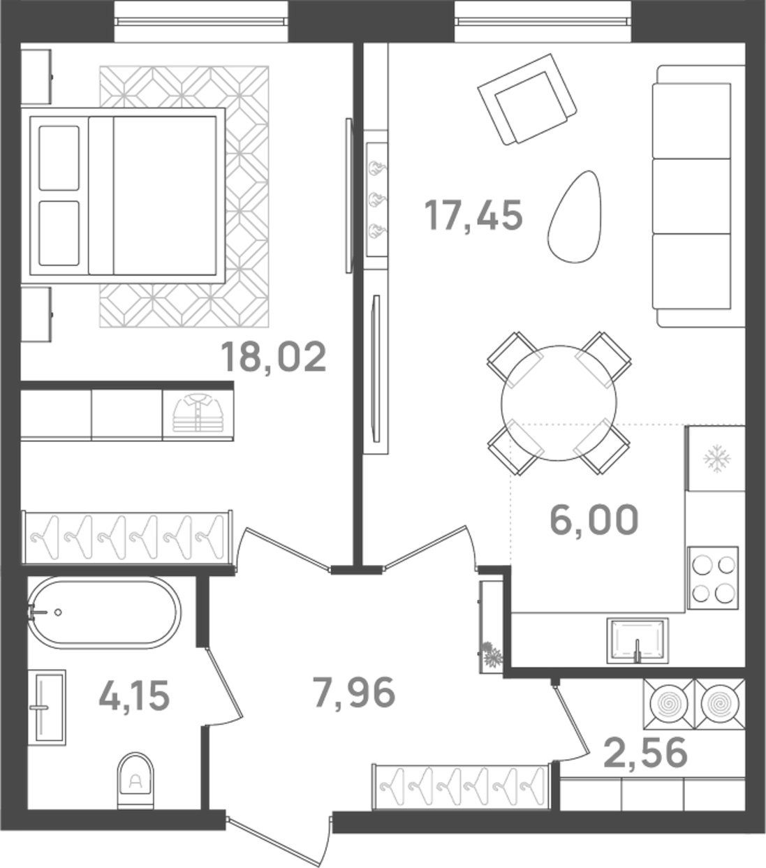 Планировка евродвушка (2Е) 56.14 м² в ЖК «6 Квартал», корпус 3