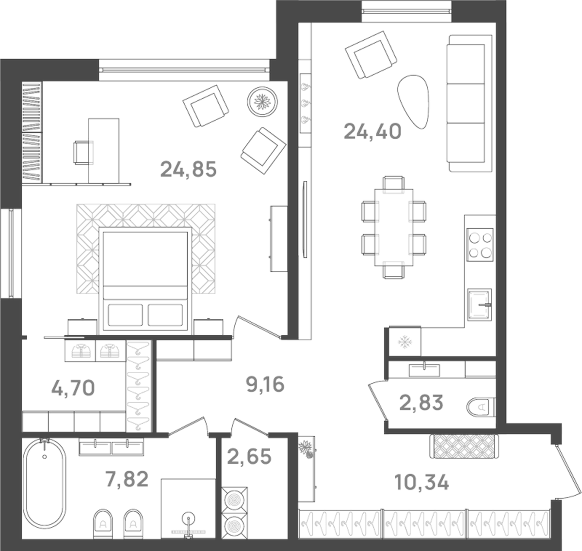 Планировка евродвушка (2Е) 86.75 м² в ЖК «6 Квартал», корпус 3
