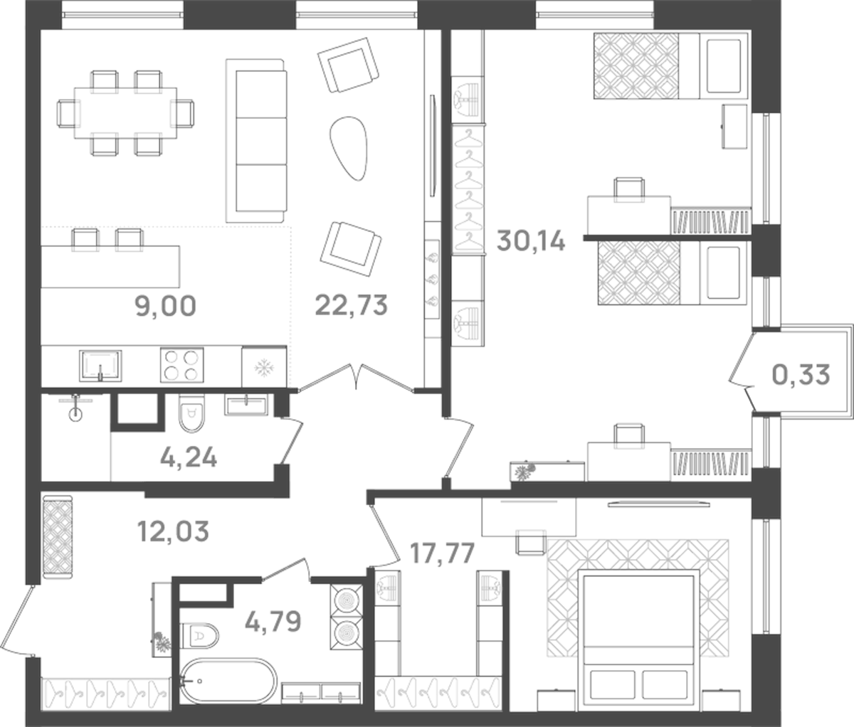 Планировка евротрёшка (3Е) 102.6 м² в ЖК «6 Квартал», корпус 3
