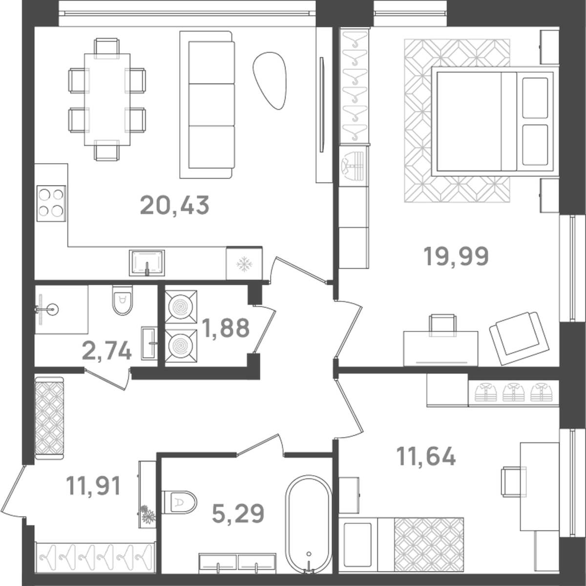 Планировка евротрёшка (3Е) 73.88 м² в ЖК «6 Квартал», корпус 3