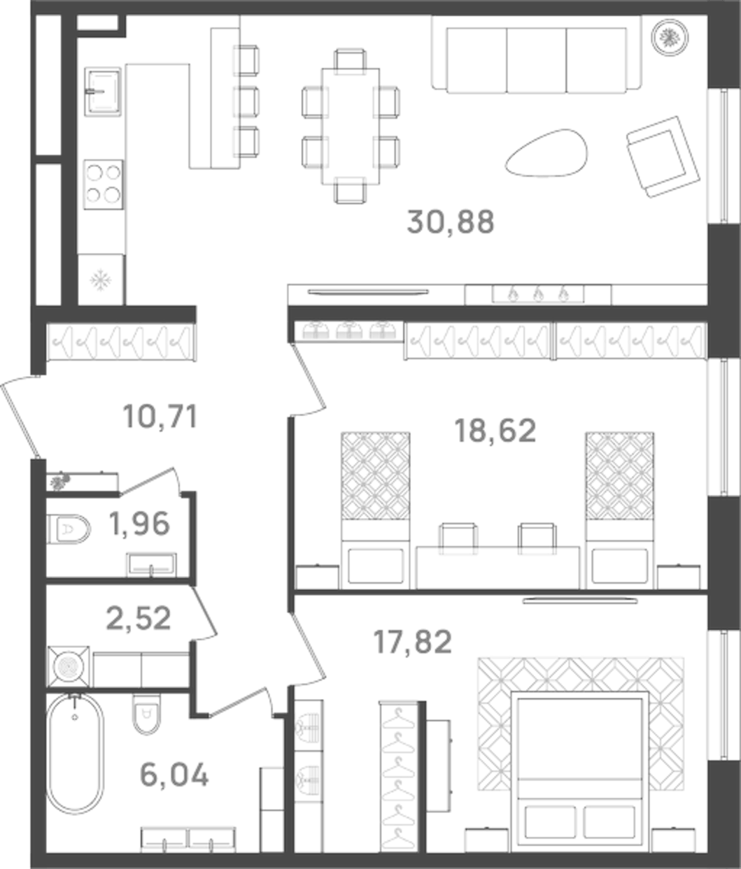 Планировка евротрёшка (3Е) 88.51 м² в ЖК «6 Квартал», корпус 2