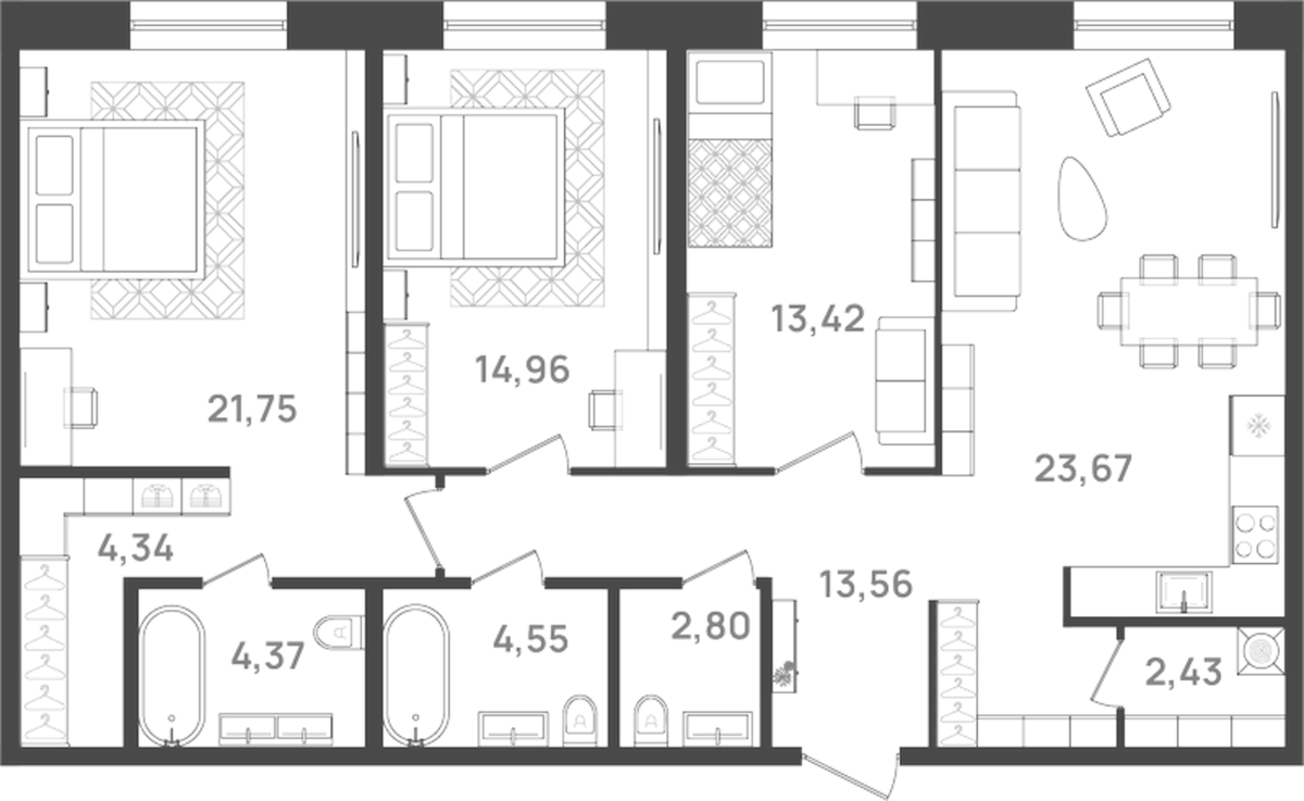 Планировка евро-4 (4Е) 105.85 м² в ЖК «6 Квартал», корпус 2