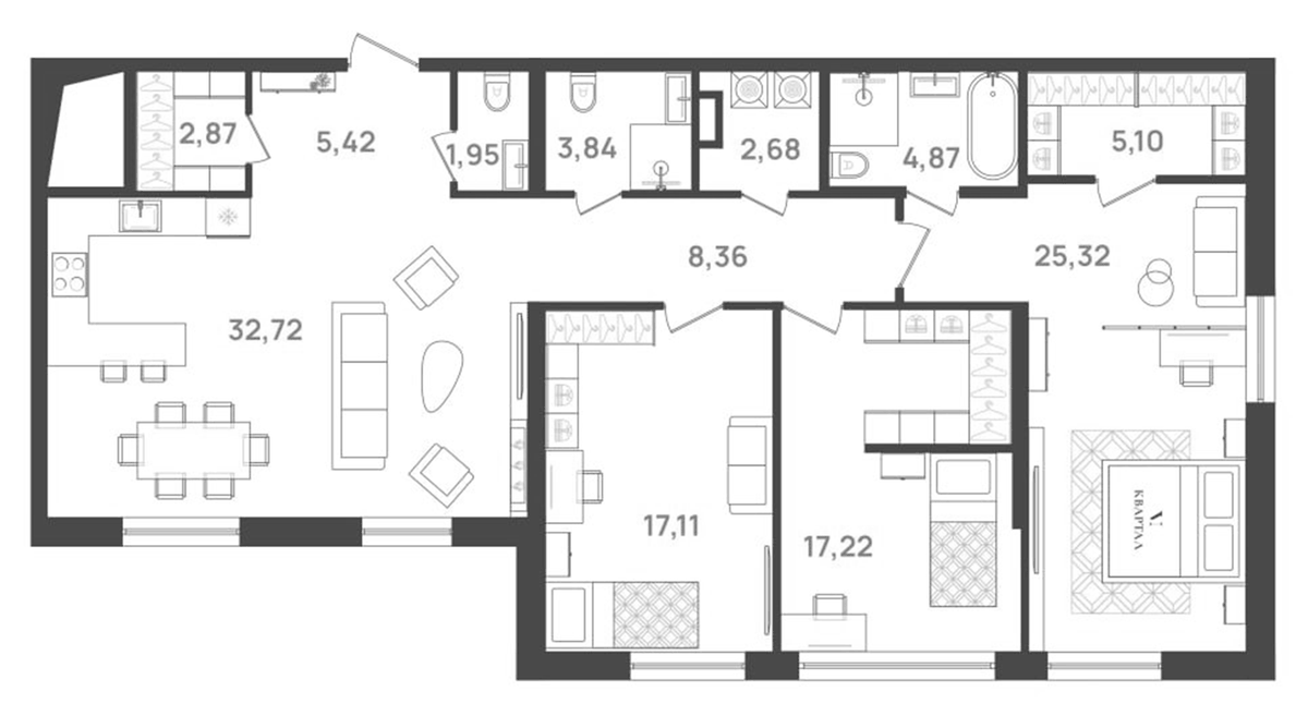 Планировка евро-4 (4Е) 128.6 м² в ЖК «6 Квартал», корпус 4