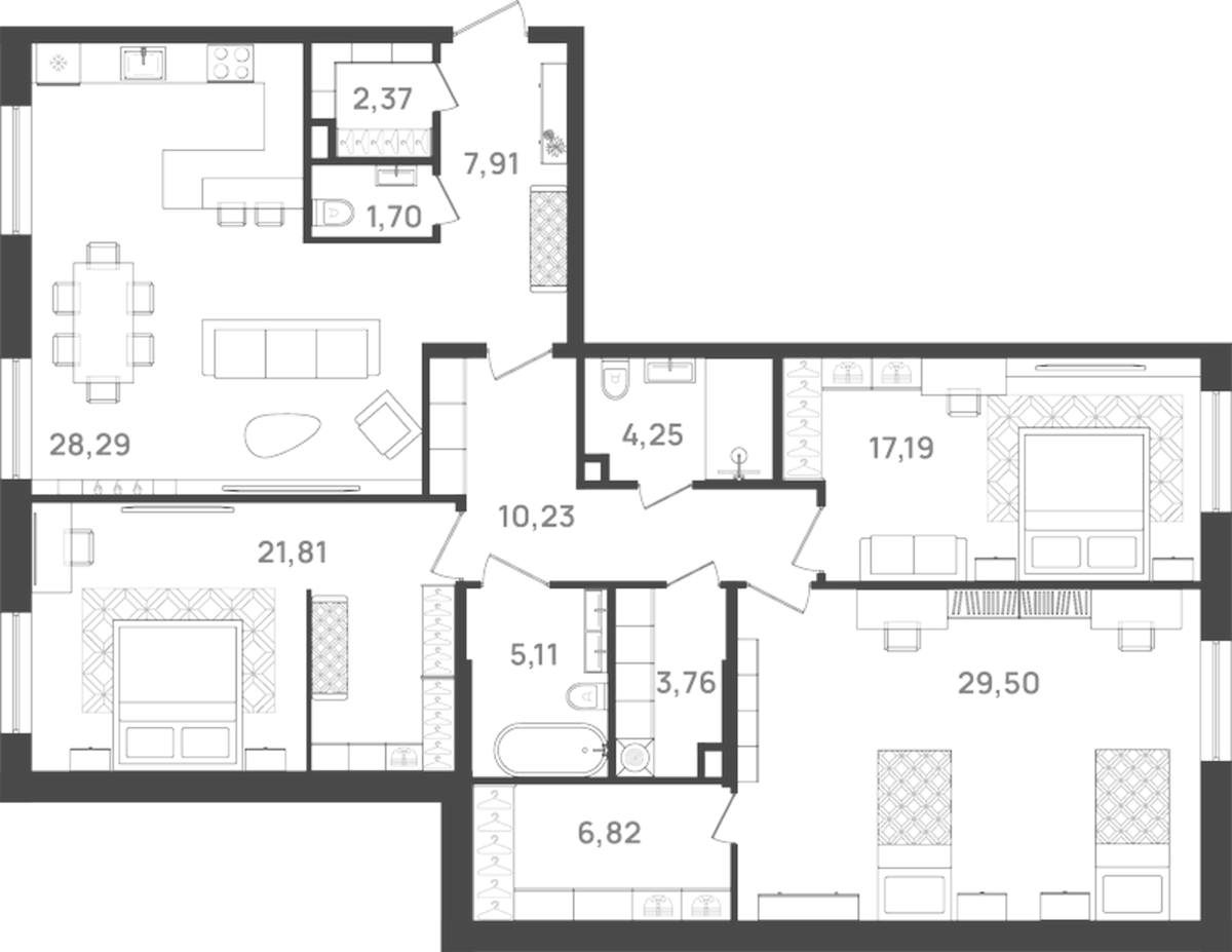 Планировка евро-4 (4Е) 140.7 м² в ЖК «6 Квартал», корпус 3