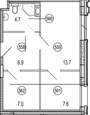 Планировка евродвушка (2Е) 39.9 м² в ЖК «VIDI», корпус 1