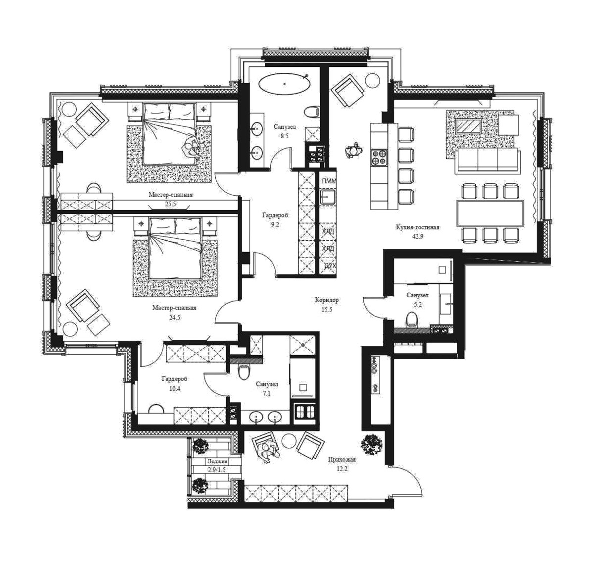 Планировка евротрёшка (3Е) 163.9 м² в ЖК «Вилла Марина», корпус 1