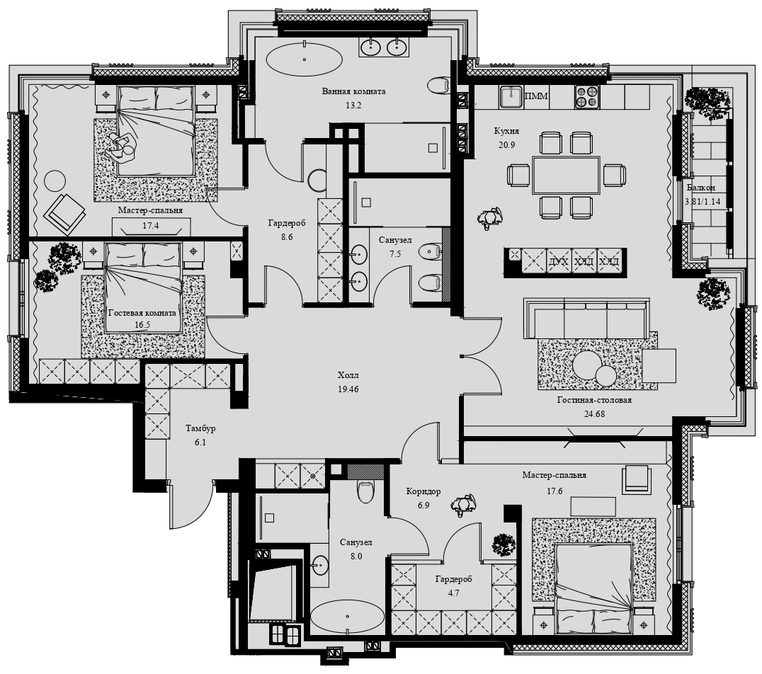 Планировка евро-4 (4Е) 175.35 м² в ЖК «Вилла Марина», корпус 1