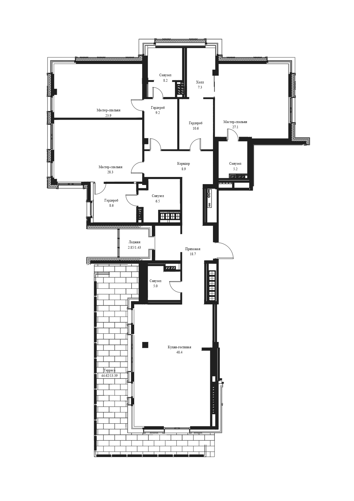 Планировка евро-4 (4Е) 263.6 м² в ЖК «Вилла Марина», корпус 1