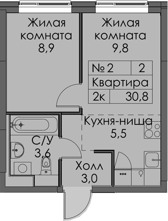 Планировка однокомнатная 30.8 м² в ЖК «Витебский парк», корпус 6