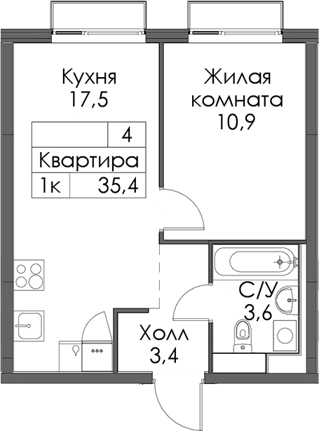 Планировка однокомнатная 35.4 м² в ЖК «Витебский парк», корпус 7