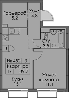 Планировка однокомнатная 39.7 м² в ЖК «Витебский парк», корпус 6