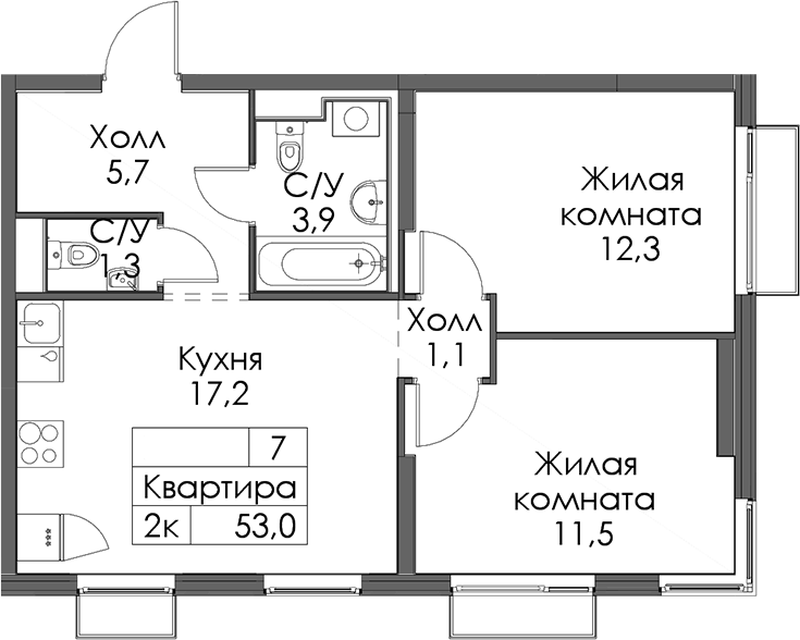 Планировка двухкомнатная 53 м² в ЖК «Витебский парк», корпус 7