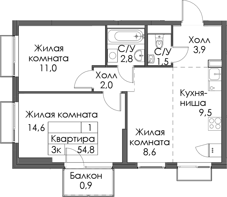 Планировка двухкомнатная 54.8 м² в ЖК «Витебский парк», корпус 7