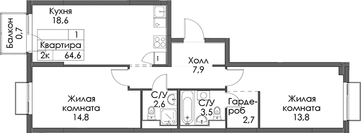 Планировка двухкомнатная 64.6 м² в ЖК «Витебский парк», корпус 7